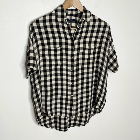 Madewell Womens Flannel Courier Shirt XXS Black Cream Check V Neck Short Sleeve - Picture 2 of 9